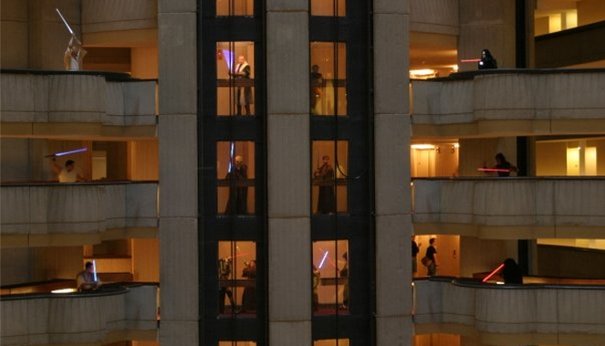 It's DragonCon. *Of course* there are Jedi and Sith staging a multi-story fight in the Hilton.
